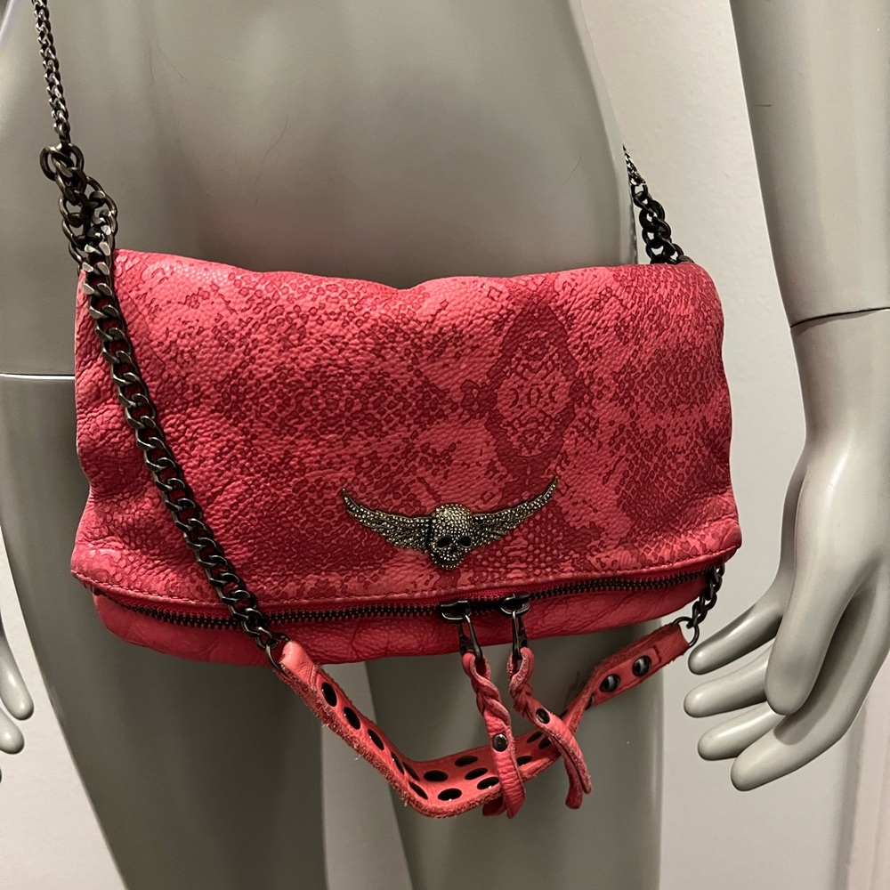 Zadig & Voltaire pochette Rock Stamp. Pink leather with python print.